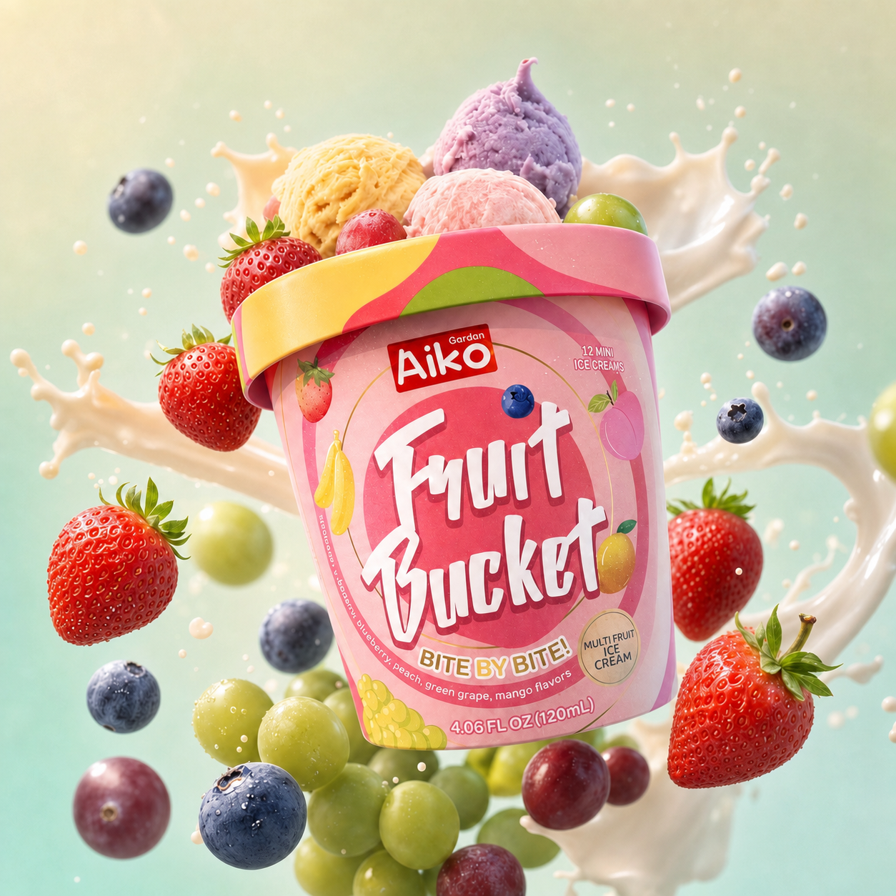 Aiko fruit bucket ice cream product with berries and cream